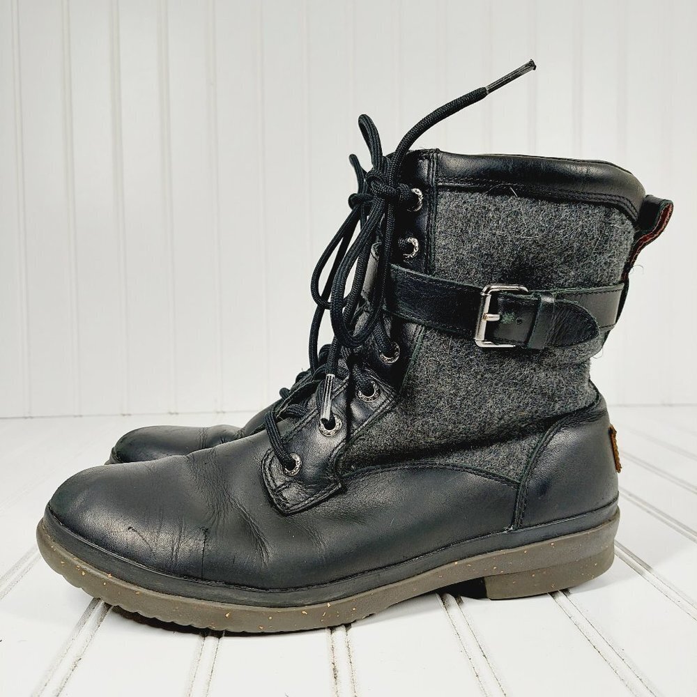 UGG Kesey Black Leather Waterproof Lace Up Boot H722